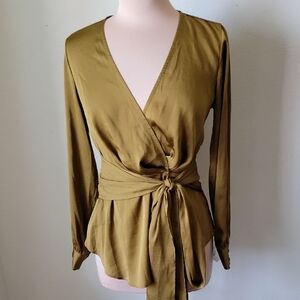 Anthropologie Moulinette Soeurs Satin-Like Wrap Blouse with Tie Waist in Olive